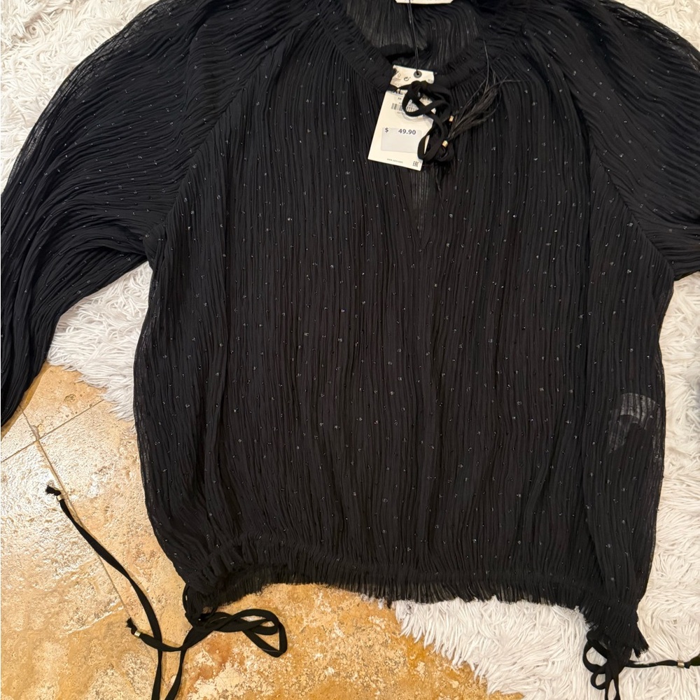 Black Ribbed Shimmery Sheer Tie Front Blouse